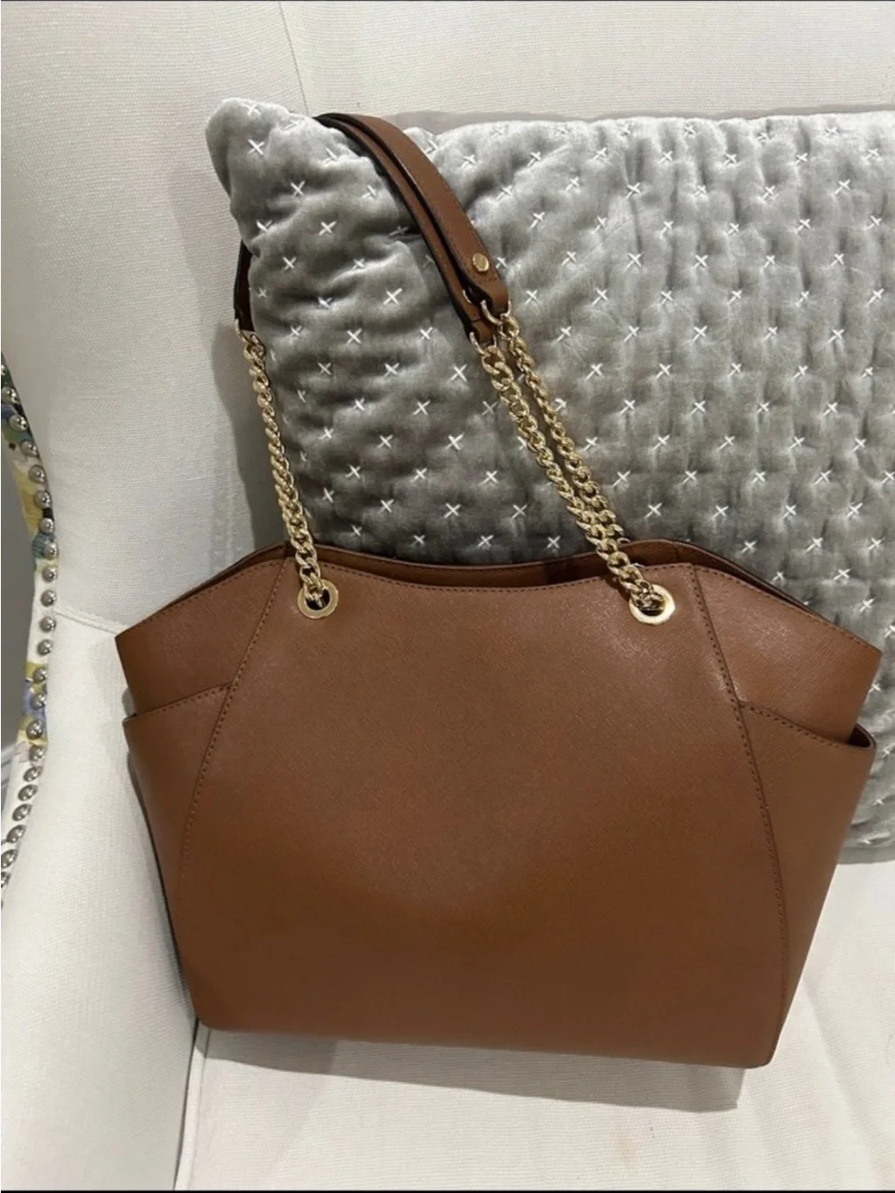 Michael Kors Cognac Saffiano Leather Shoulder Tote with Gold MK Emblem